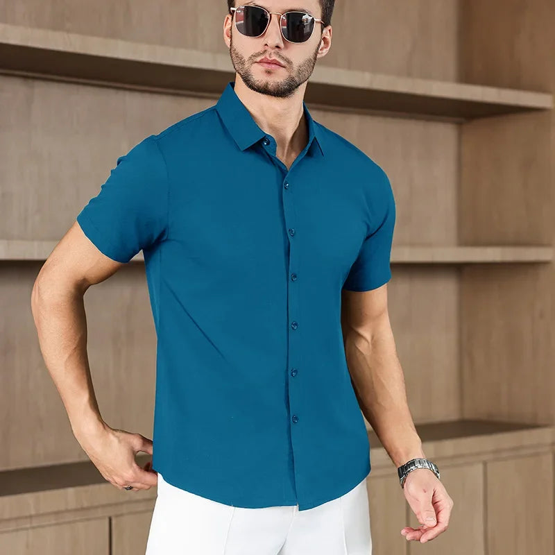New Men's Business Casual Solid Color Short Sleeved Shirt for Summer Fashion No Ironing Comfortable and Versatile Top