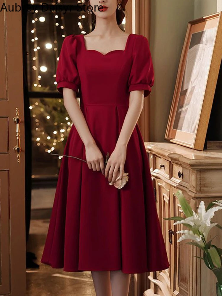 Elegant Red Midi Dress Women Summer Korean Vintage Evening Party Dress French Casual Fashion Formal Occasions One Piece Dress