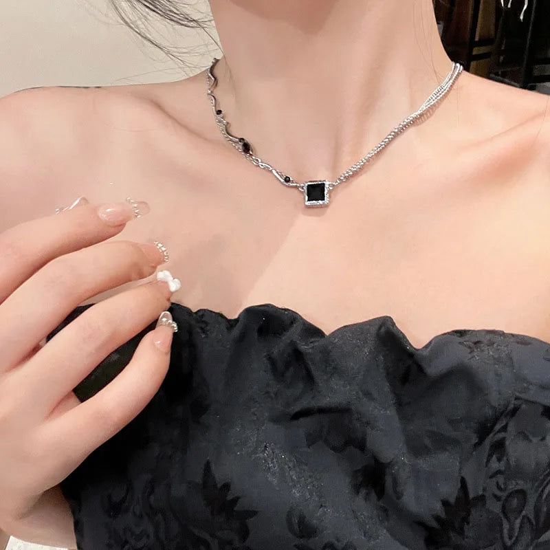 Black Square Pendant Double Layer Necklaces for Women