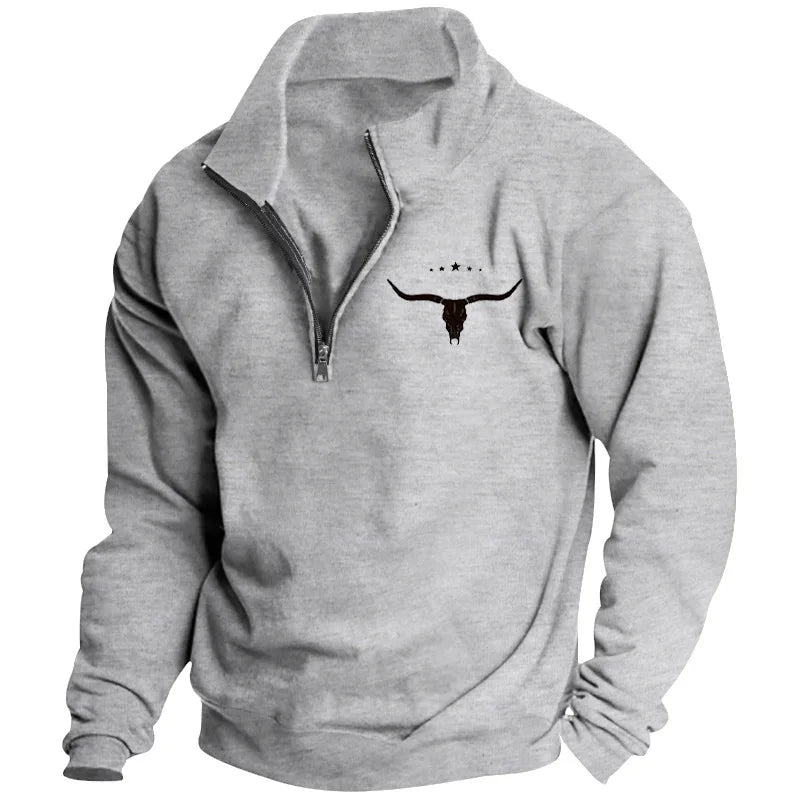 Men's Long-Sleeved Sweatshirt Autumn Winter Fleece European American Style Half-Zipper Stand-Up Collar Solid Color Bull Head Pri