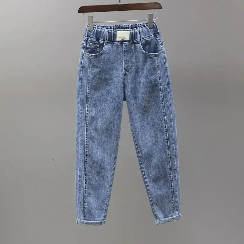 2024 New Women's Jeans High-waisted Elastic Waist Slimming Straight-leg Harem Trousers Autumn Fashion Trend