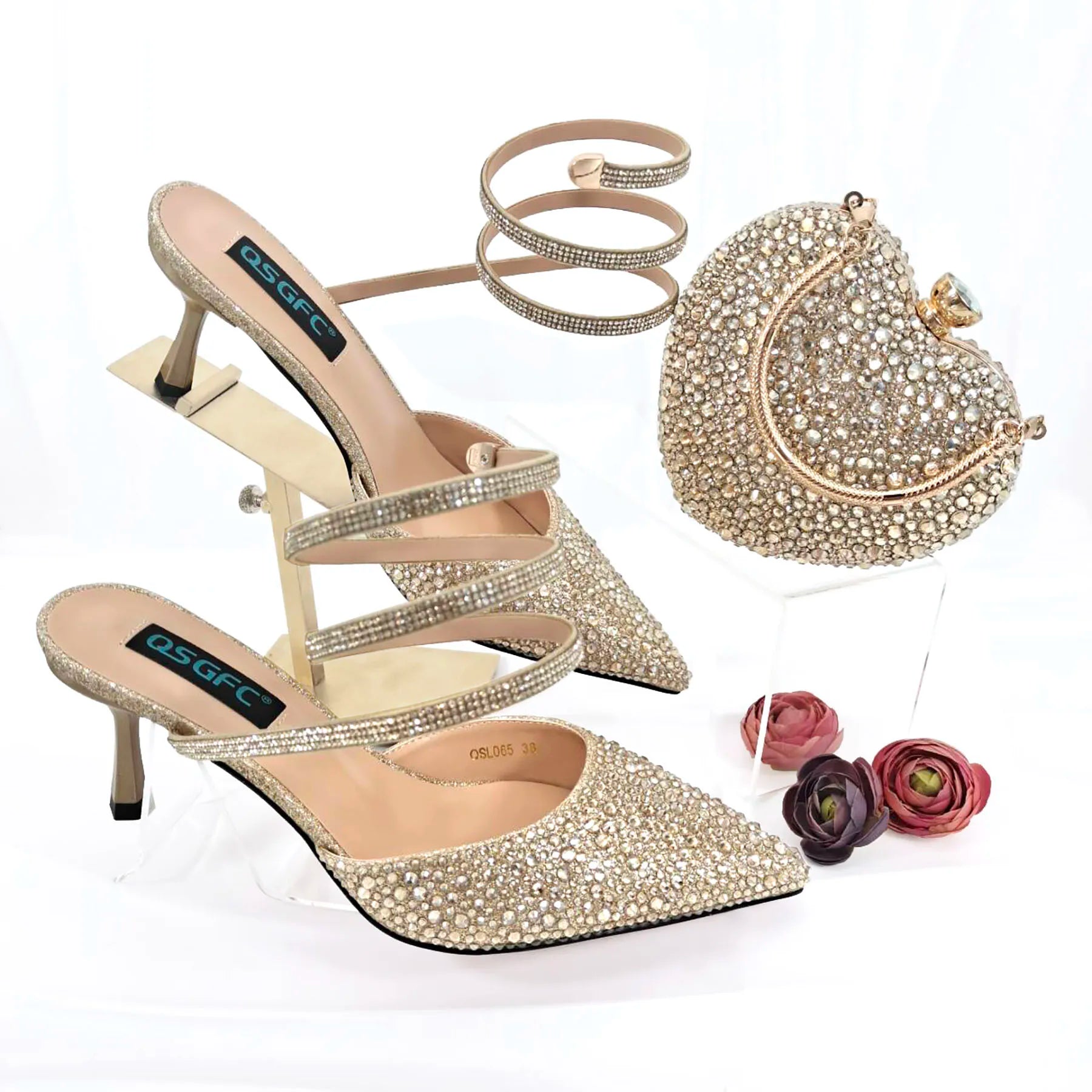 Shoes And Bag Full Diamond Women's Pointed Toe High Heels