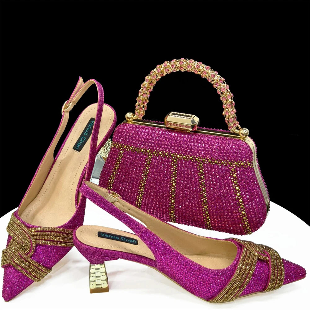 Women Shoes and Bag Set Champagne Color Rhinestone Handbag