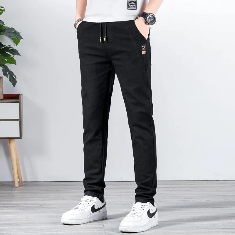 Spring Summer Men Casual Pants Elastic Waist Design Straight Slim Trousers Korean Trendy Stretch Male Pants Brand Clothing