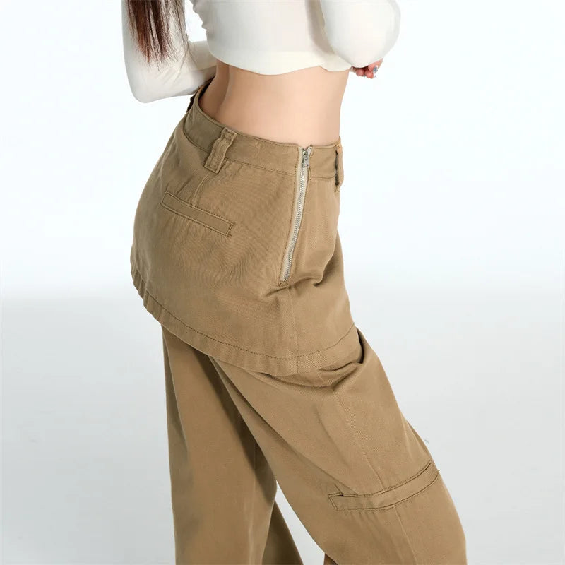 Plus Size Retro Fake Two-Piece Fart Curtain Jeans 2025 Spring Autumn Micro-Pull Cargo Slimming Straight Stacked Wide-Leg Pants