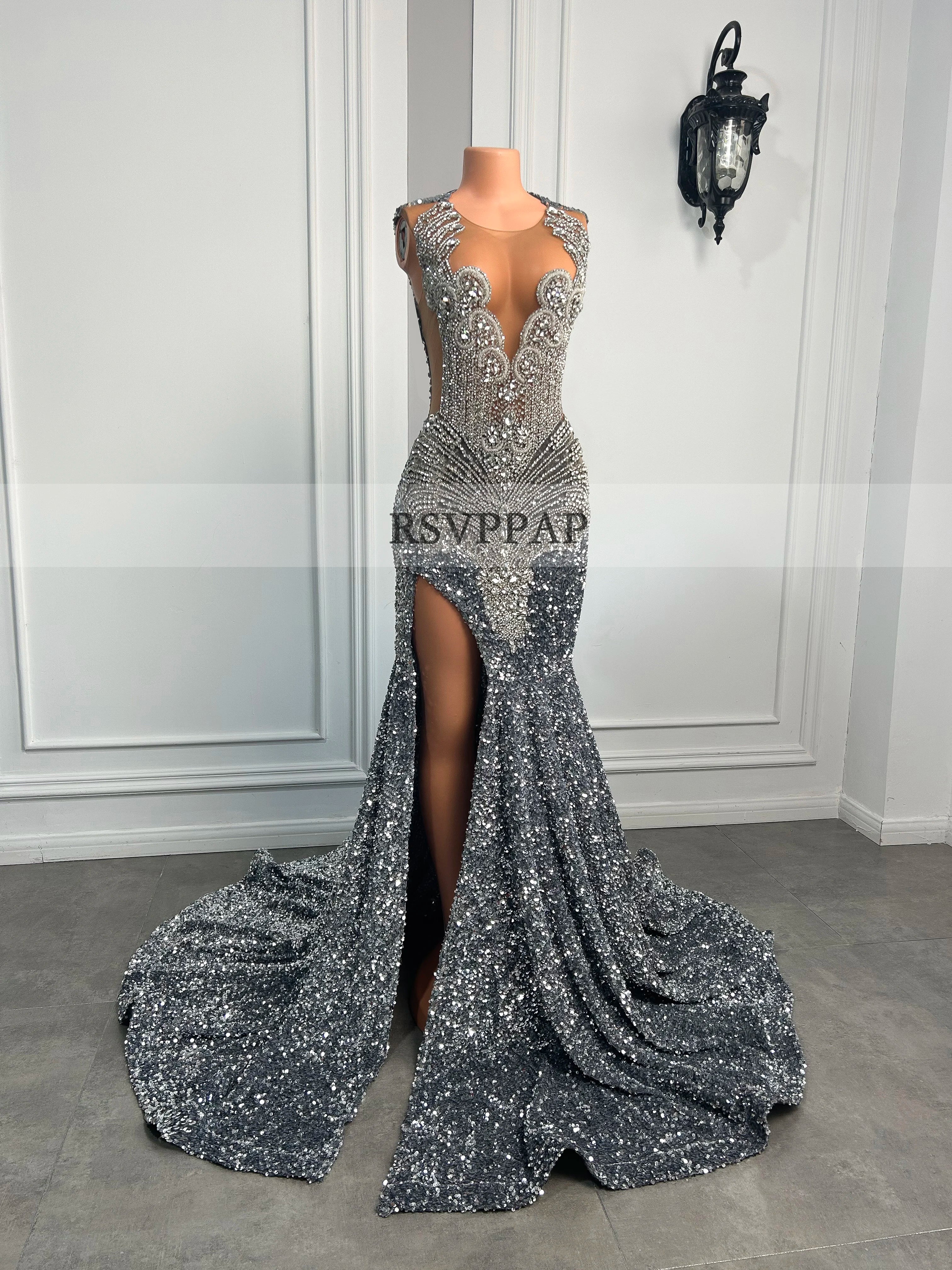 Long Sparkly Prom Dresses High Slit Luxury Diamond Silver Sequin