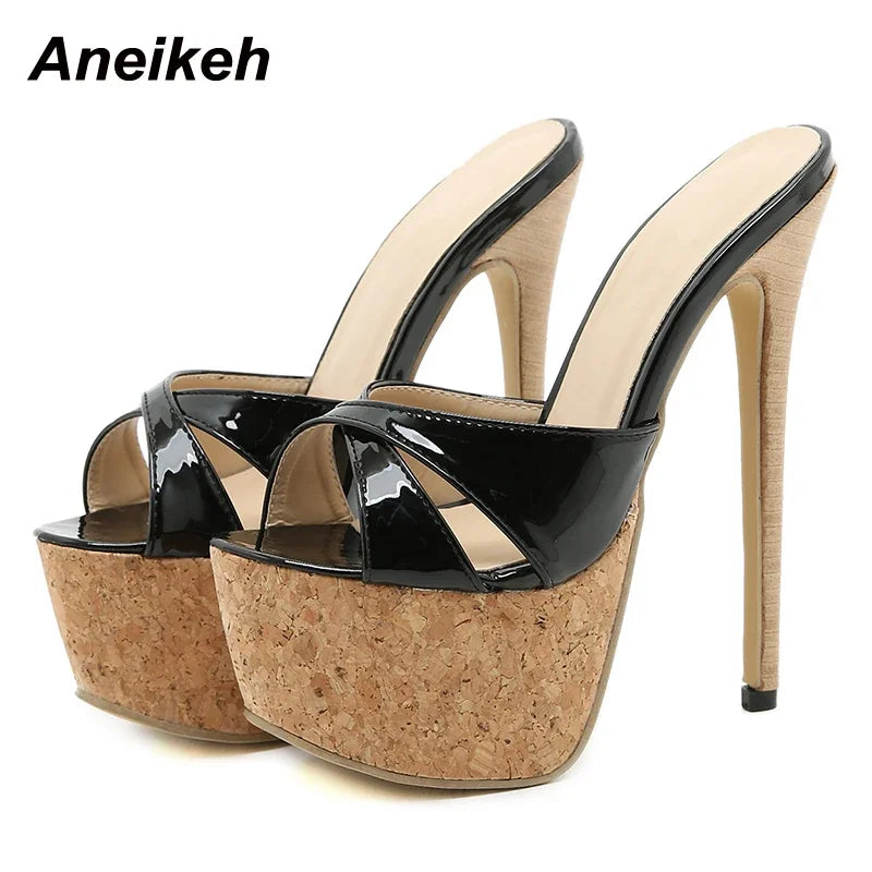 Aneikeh 2025 Summer Extreme Mules High Heels Women's Platform Sandals Shoes Ladies Slippers Slingback Peep-toe Slides Sandalias