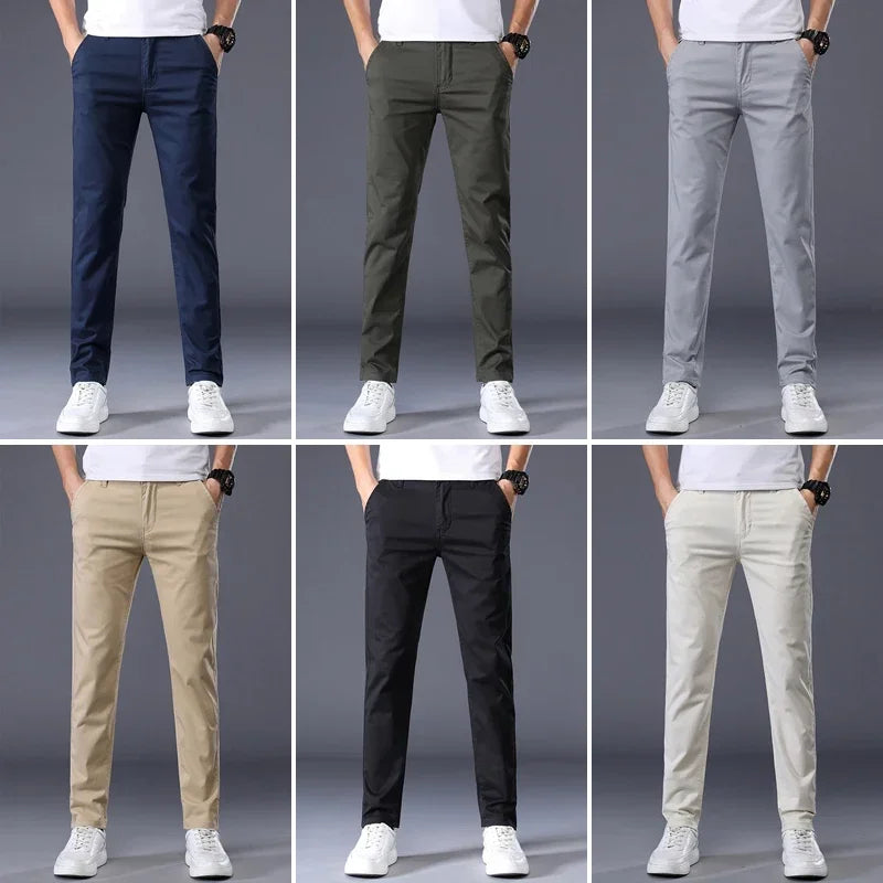 Summer Thin Men's Casual Pants Cotton 7 Colors Classic Style Elastic Straight Slim Fit Business Fashion Long Trousers Male