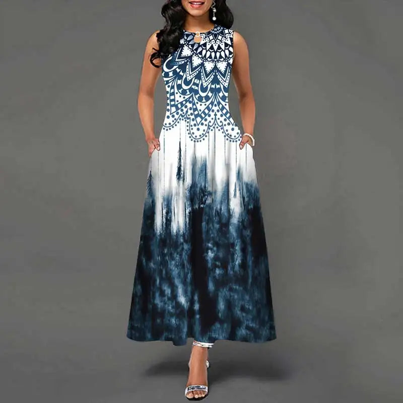 Sleeveless Long Dress Women Flower Print Large Swing Skirt