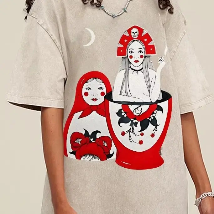 Russian Doll Pattern, Cute Style, Y2k Graphic Tee, Women's Oversized T-Shirt, Cute Hand-Painted Bunny, Korean Style Art, Summer