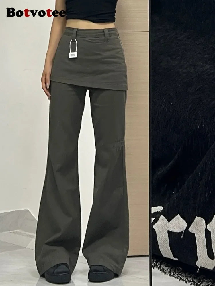 Botvotee Streetwear Fake Two-Piece Plus size Wide Leg Jeans for Women 2025 New Y2k Fashion High Waisted Flare Denim Pants
