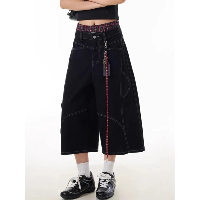 ZHIZOU American Black Jeans for Women High Waisted Wide Leg Baggy Cargo Denim Shorts 2000s Y2k Vintage Streetwear Short Jeans