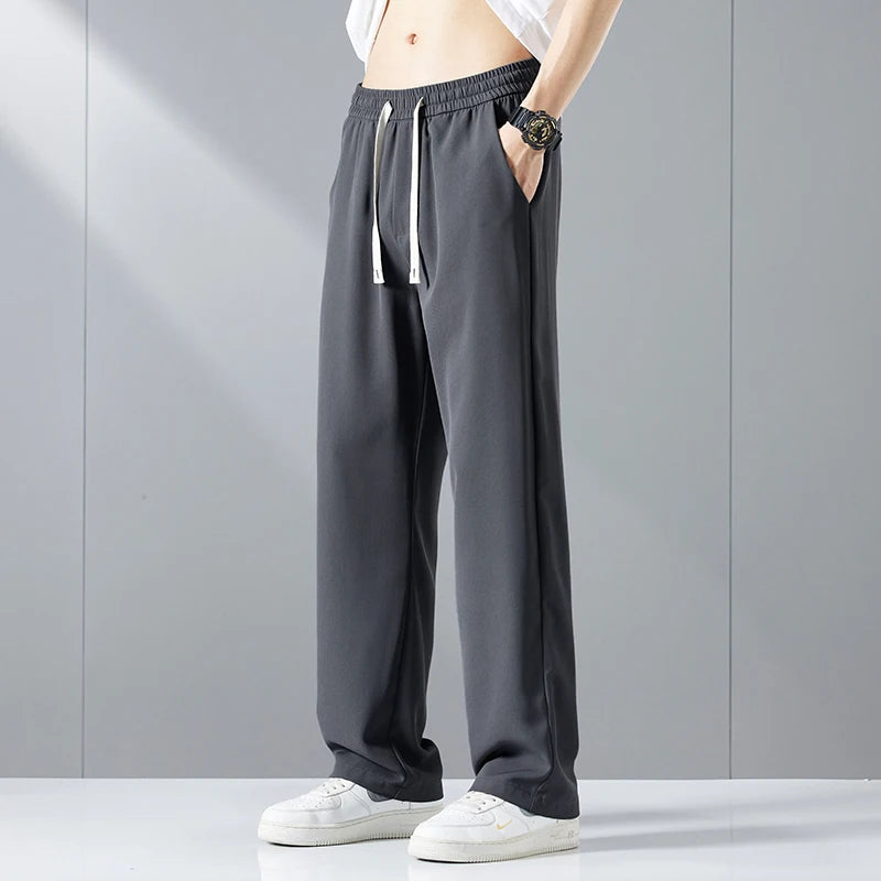Size M-5XL Loose Straight Mens Casual Pants Fashion Streetwear Korean Cool Ice Silk Trousers Quick-dry Jogging Man Sweatpants
