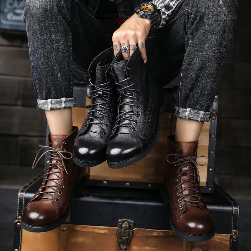 Luxury Men's Boots Handmade Retro Men Ankle Boots High Quality Leather High-top Shoes Fashion British Style Men Motorcycle Boots
