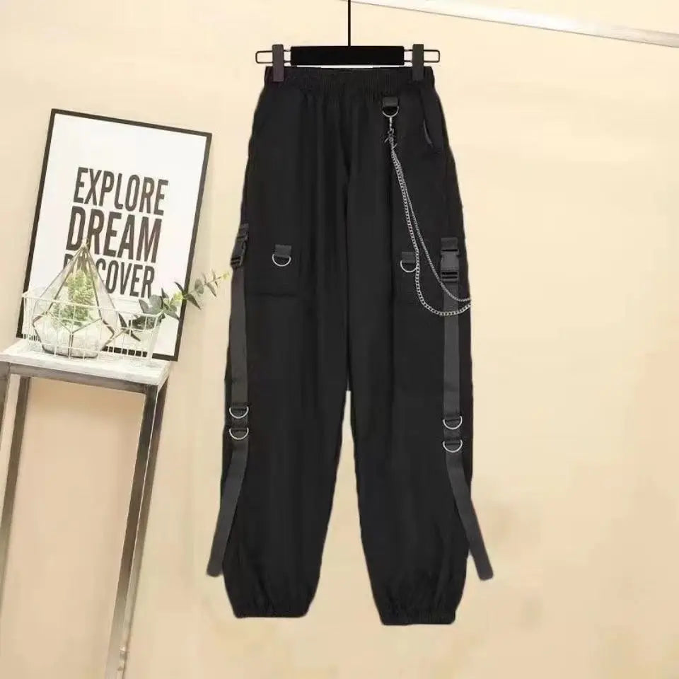 Cargo Pants with Chain 2 Piece Sets White Black Harajuku Shirt