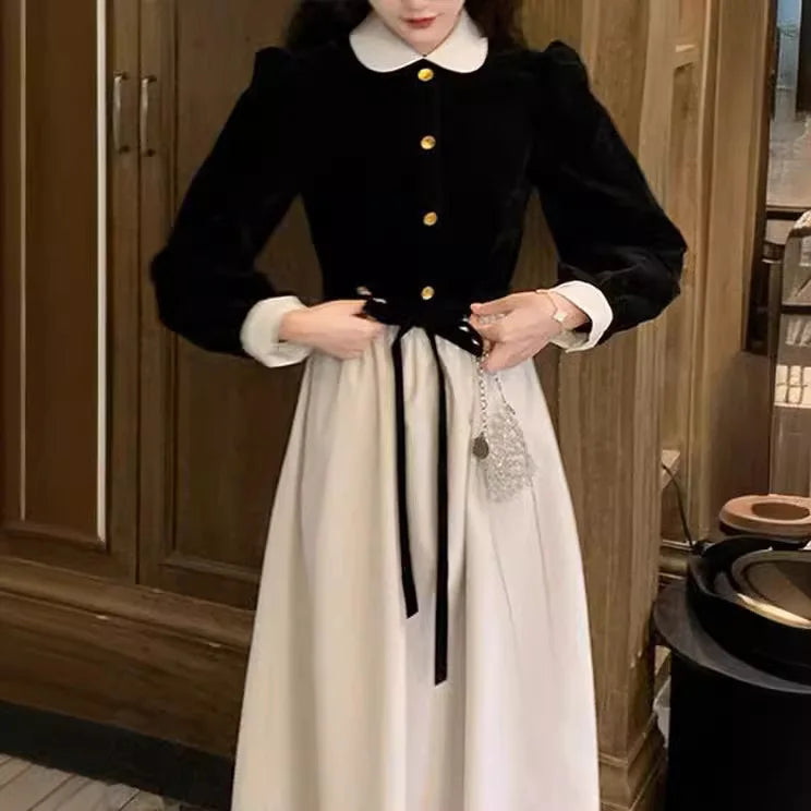 2025 Fall Black Dress Velvet Long Sleeve Women Dress Elegant Tweed Wind Midi Women's Fashion Dresses Women Clothes