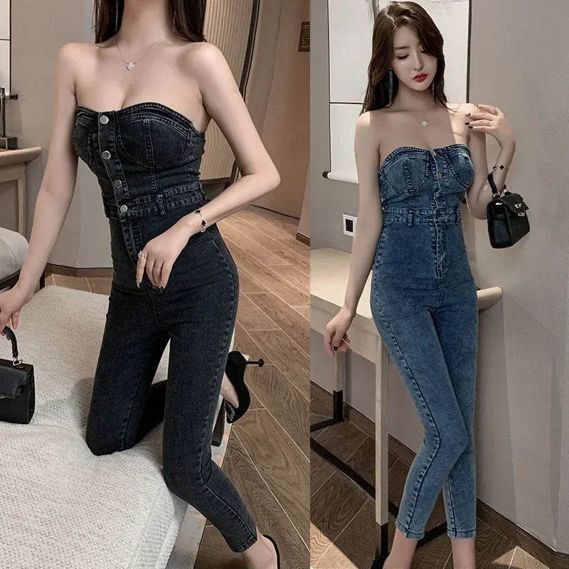 2023 Summer New Style Korean Version High-waisted Strapless Slimming Jeans For Women Small Foot Jumpsuit