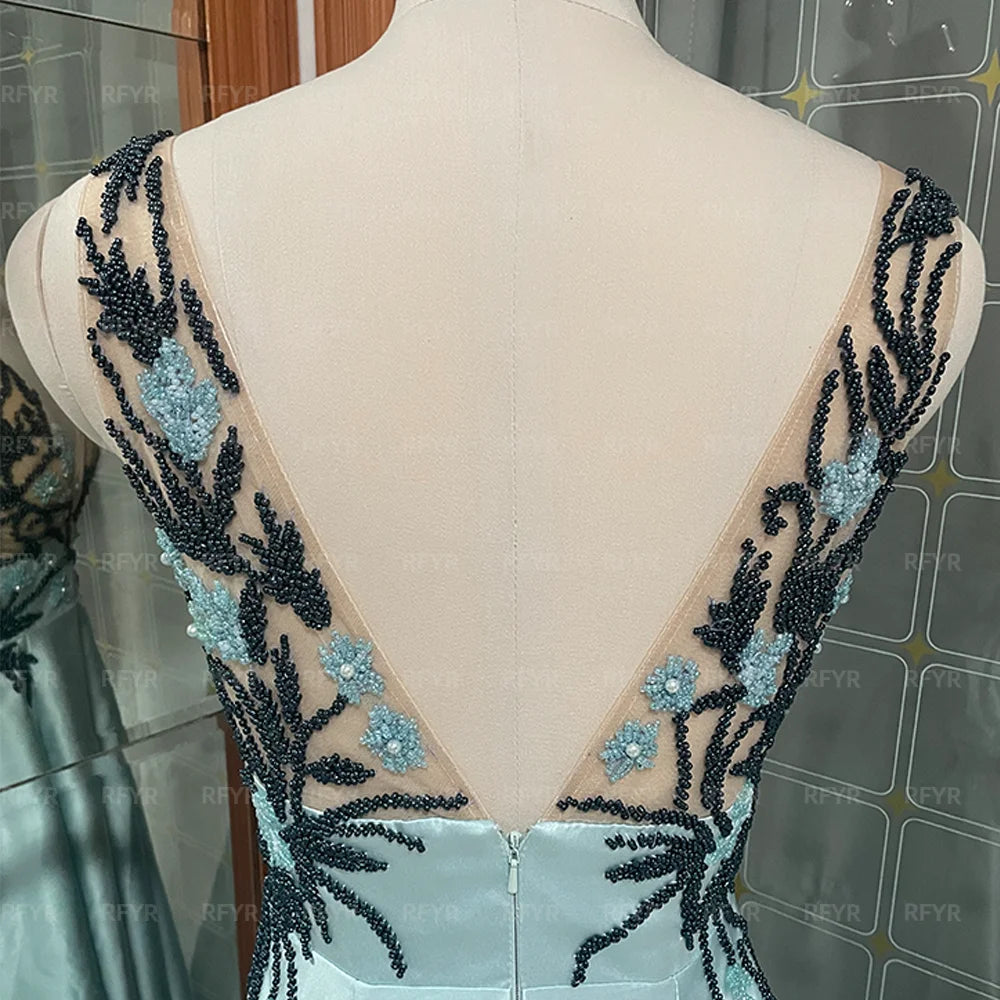 RFYR Spaghetti Strap Blue Formal Dresses Deep V Neck Party Dress For Wedding Appliques Lace Special Occasion Dresses Customized