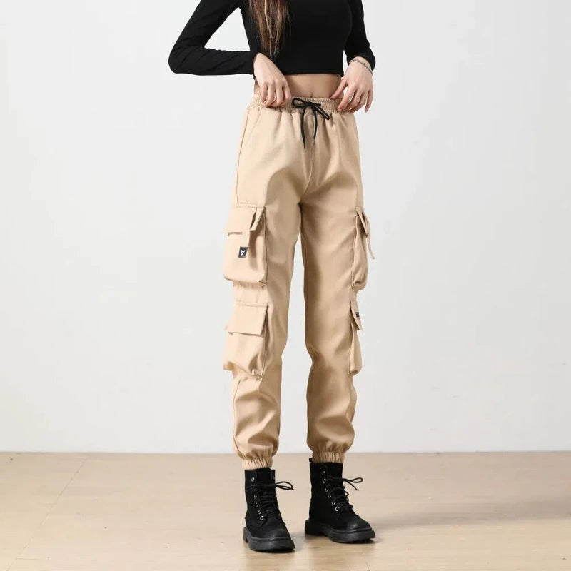 High Street Hip Hop Cargo Pants Women Solid Pocket Elastic High Waist