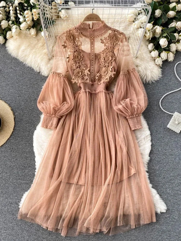 Three-dimensional Flower High Waist Slim Female Dresses