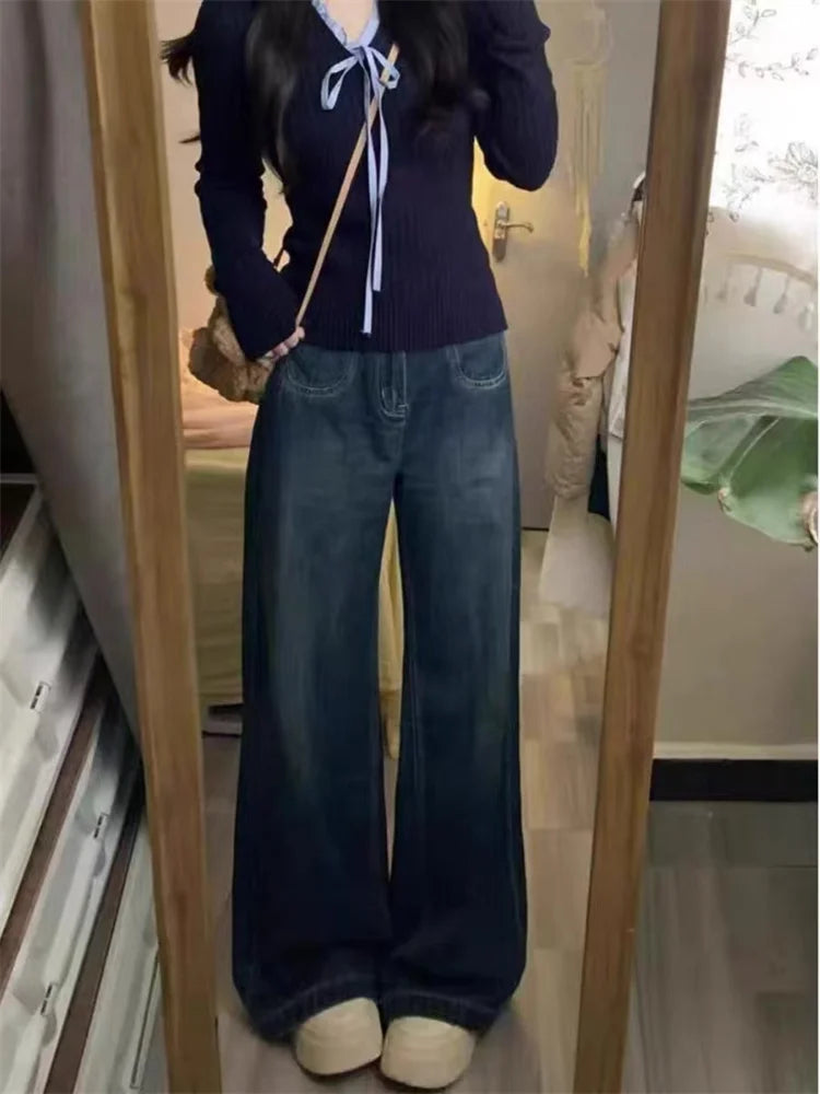 Botvotee American Retro Jeans for Women High Waist Wide Leg Loose Straight Deep Blue Denim Pants Female Fashion Streetwear Jeans