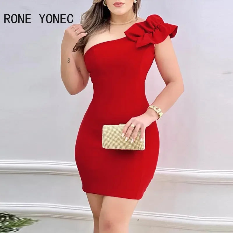 Damen elegantes, einfarbiges ärmelloses Mini-Bodycon-Abendkleid mit diagonalem Kragen