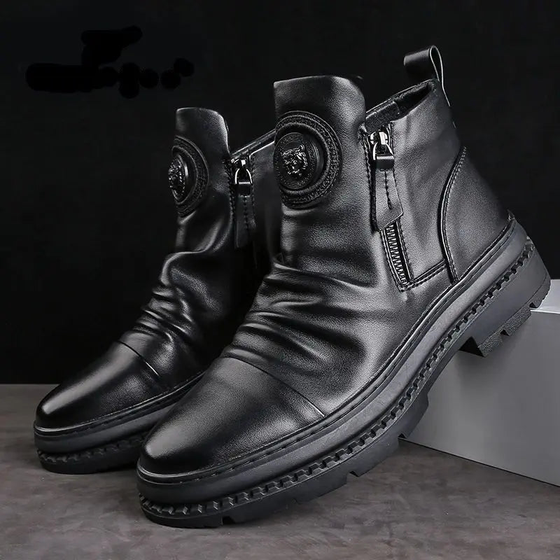 Men's Motorcycle Leather Boots British Style Round Head High Top Shoes Side Zip Walking Casual Platform Boots Bota Masculina
