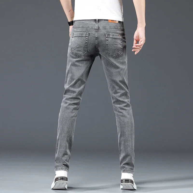 2024 New Men's Cotton Business Casual Skinny Jeans Trendy Fashionable Stretch Straight Slim Denim Trousers Male Blue Grey