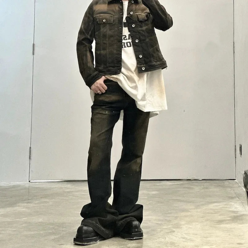 Washed Micro Flared Jeans for Men Straight Casual Baggy Denim Trousers