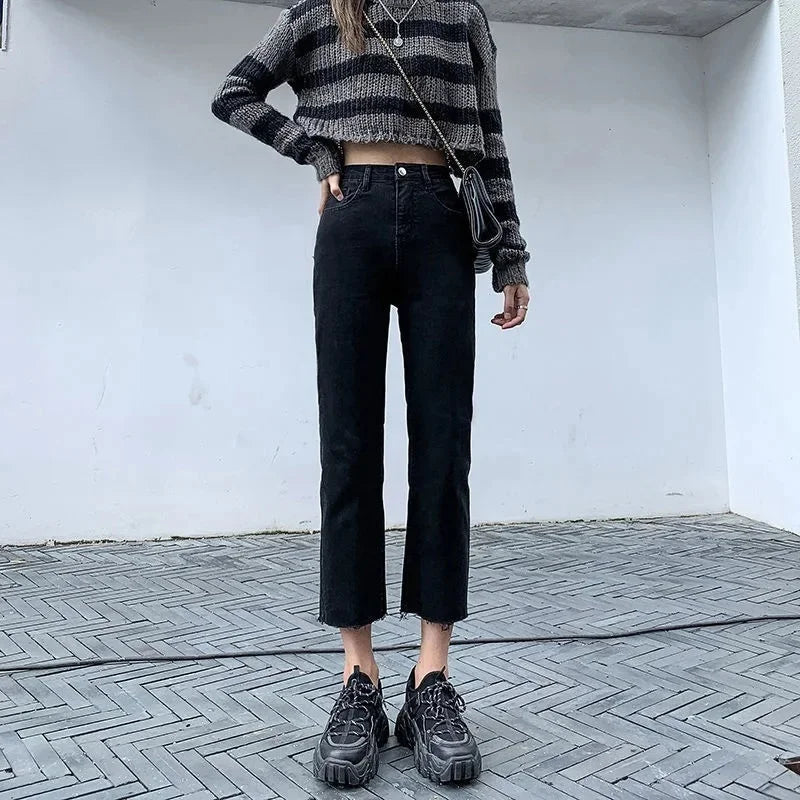 High Waist Elastic Denim Jeans Women's Loose Straight Slimming Student Versatile Small Size Nine Tube Pants Trendy