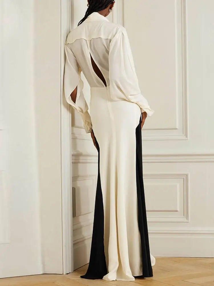 Women Fashion Patchwork Deep V-Neck Pleated Party Evening Dresses