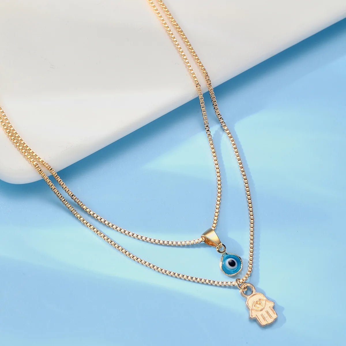 Lucky Double Layer Palm Evil Eyes Pendant Necklace for Women