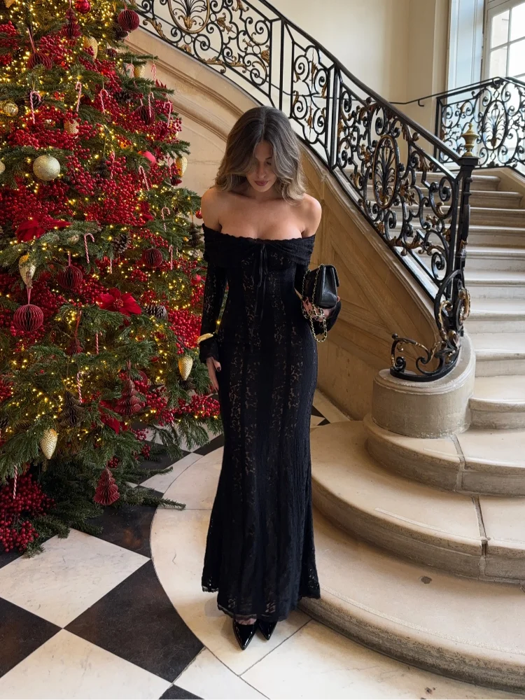 Long Sleeve Evening Party Dresses Women Black Sexy Elegant Maxi