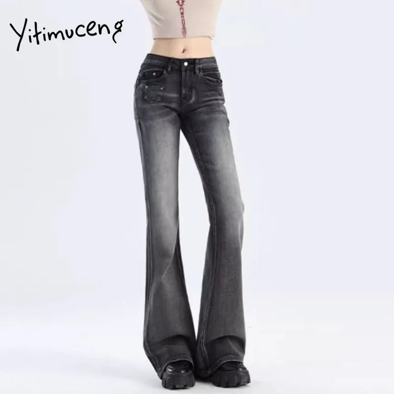 Yitimuceng Vintage Y2K Flared Jeans Women Korean Button-Up Low Rise Casual Denim Pants Female Elastic Slim Fit Jean Trousers