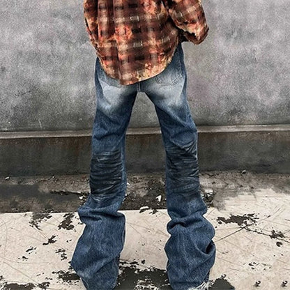 High Street Frayed Washed Blue Dirty Flare Jeans Pants for Men