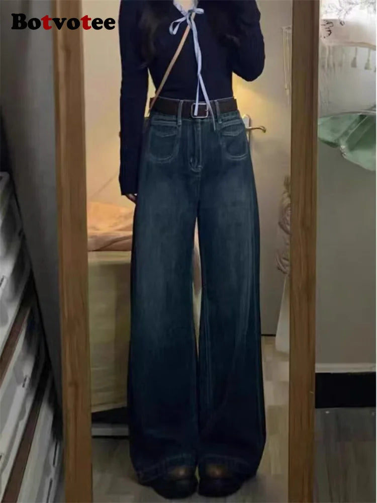 Botvotee American Retro Jeans for Women High Waist Wide Leg Loose Straight Deep Blue Denim Pants Female Fashion Streetwear Jeans