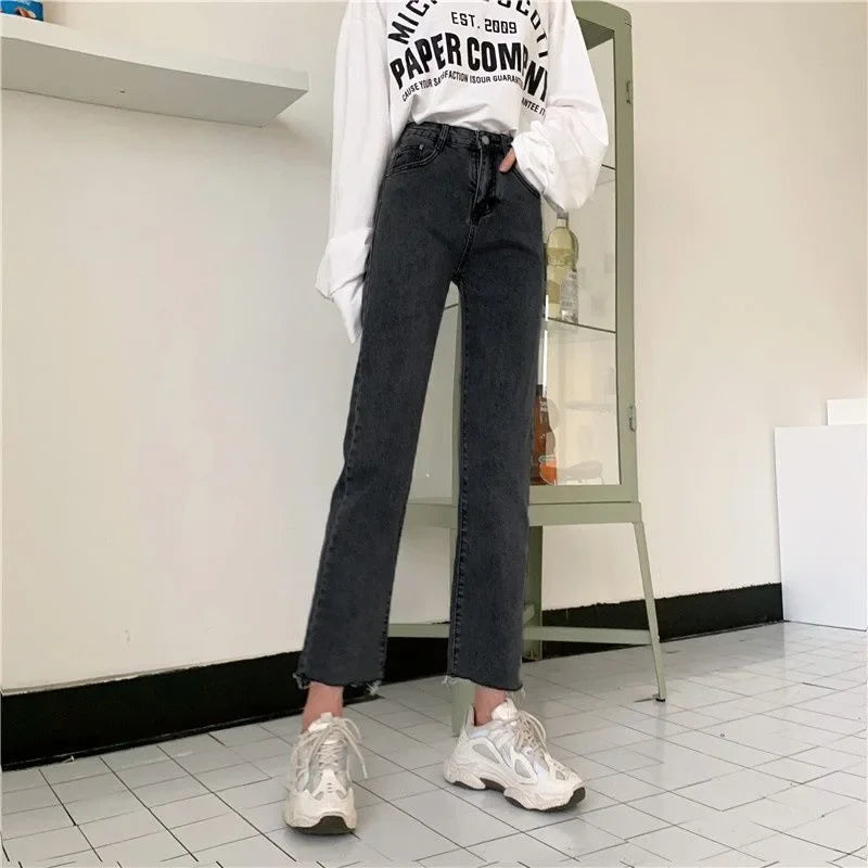 High Waist Elastic Denim Jeans Women's Loose Straight Slimming Student Versatile Small Size Nine Tube Pants Trendy