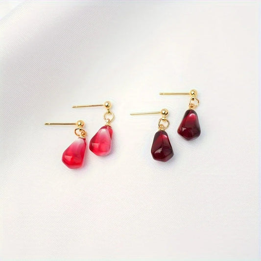 Creative Red Pomegranate Seed Pendant Golden Ear Studs