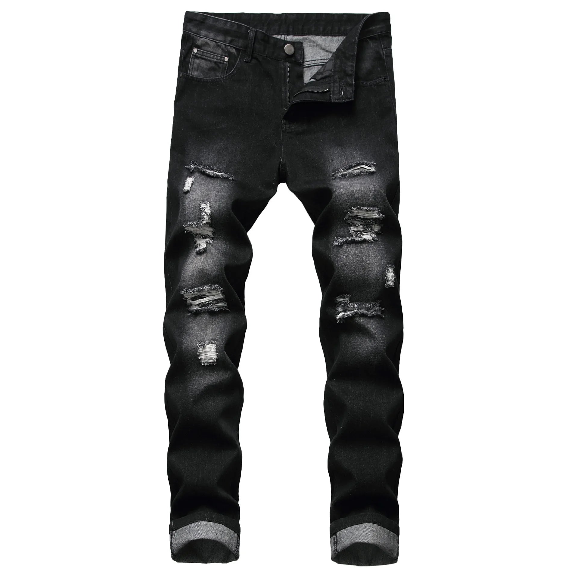 Cross-Border Men's Wear Ripped Straight-Leg Slim Fit Smooths Your Silhouette No Stretch Jeans Light-Colored Denim Trousers Amazo