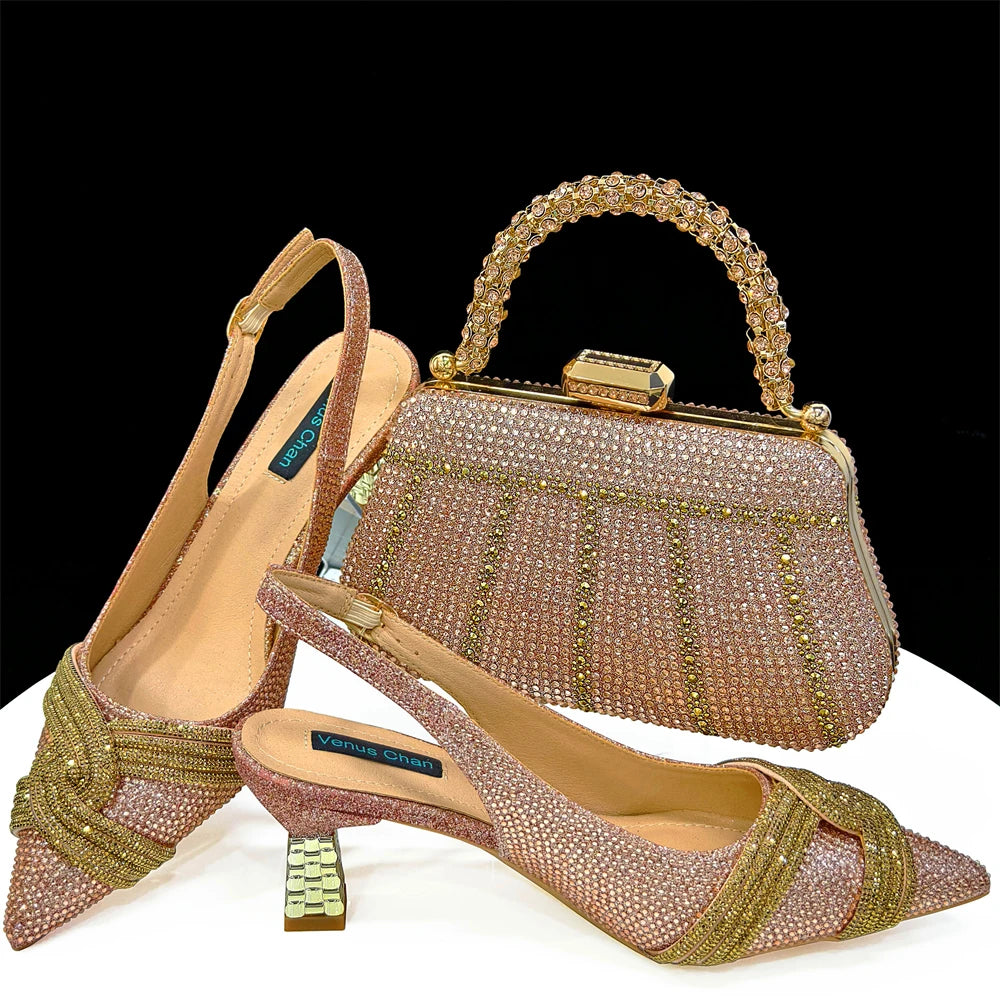 Women Shoes and Bag Set Champagne Color Rhinestone Handbag