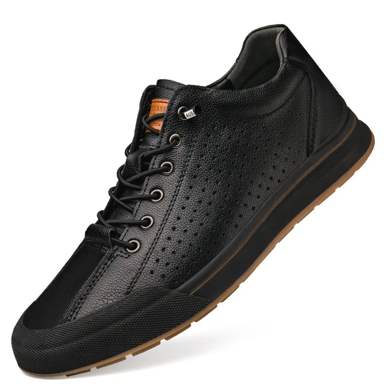New Men's Leather Breathable Casual Shoe  Outdoor Perforated Laced Flat Shoe  Lightweight  Soft -Soled Comfortable Walking Shoes