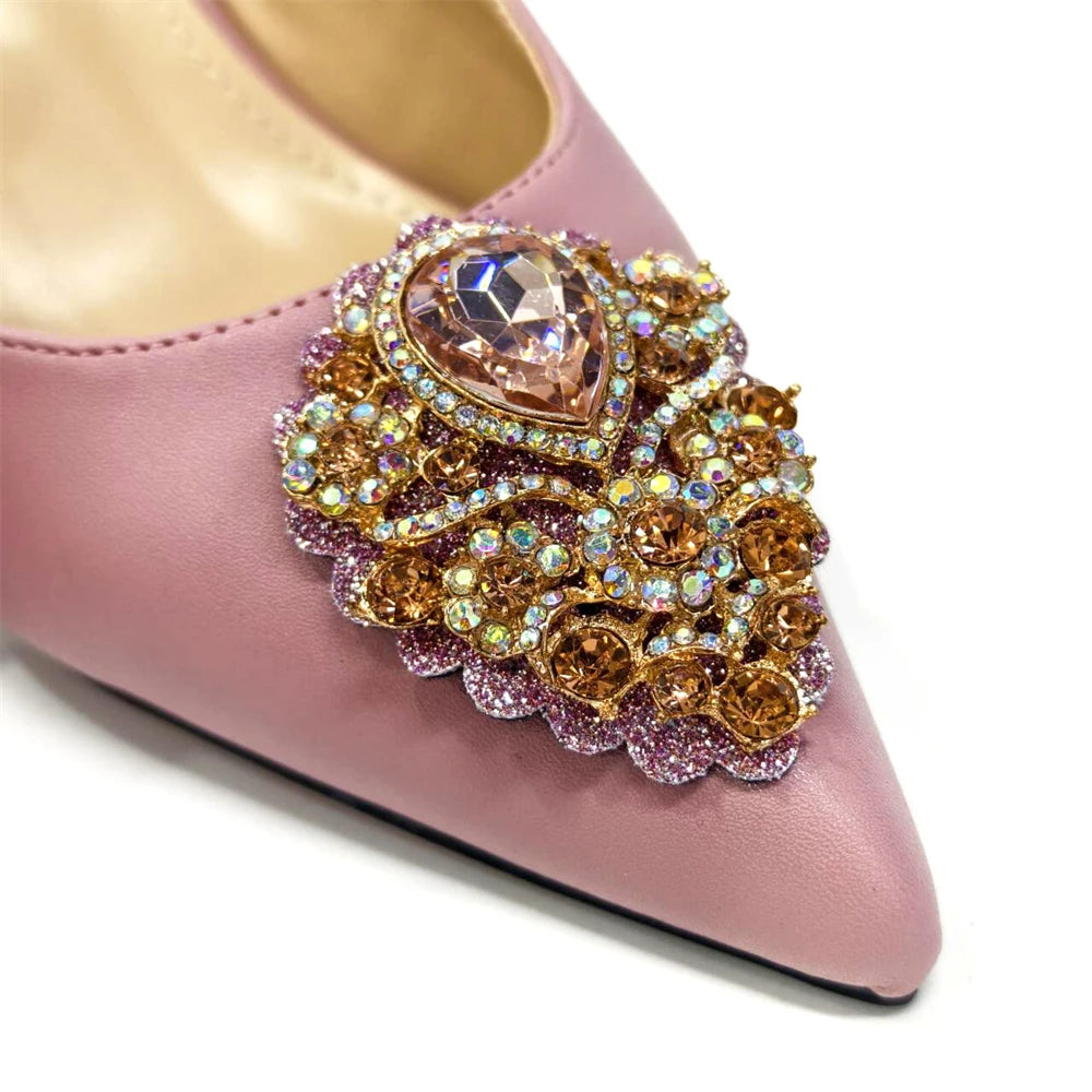 Women's Pink High Heel Frosted Crystal Shiny Rhinestone Party Pointed Shoes And Bag