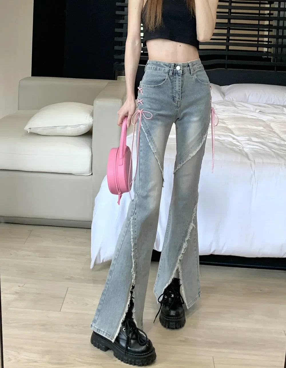 American Style Vintage High-waisted Slimming Jeans For Women Niche Pink Bow Design Sensibility Side Slit Micro Flare Leggings