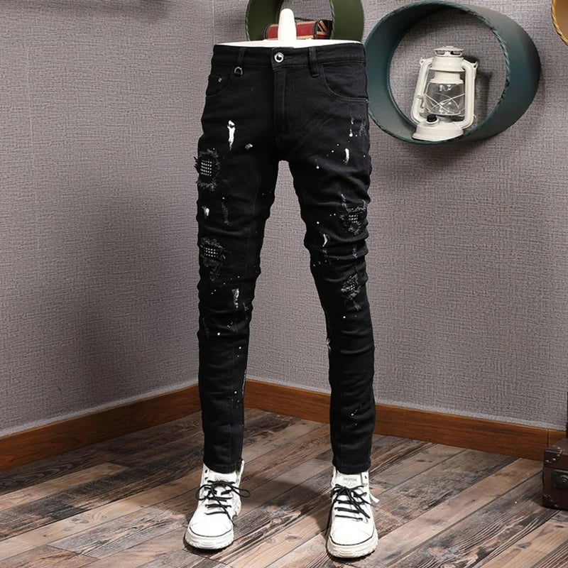 Men Jeans Black Color Stretch Elastic Slim Fit Painted Ripped Jeans