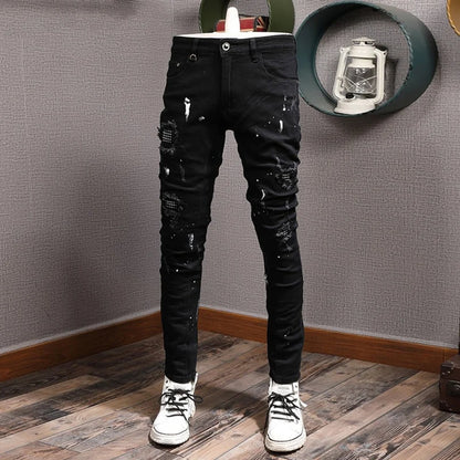 Men Jeans Black Color Stretch Elastic Slim Fit Painted Ripped Jeans