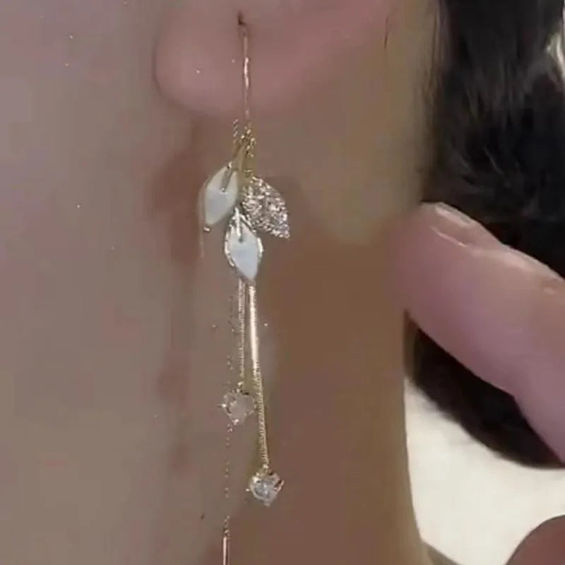 Gold Plated Crystal Leaf Tassel Drop Earrings for Women