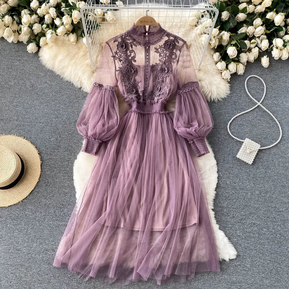 Three-dimensional Flower High Waist Slim Female Dresses