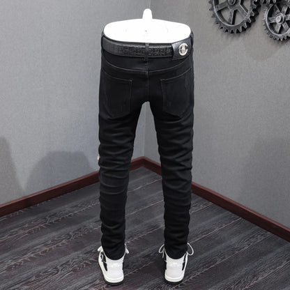Men Jeans Black Stretch Skinny Punk Trousers Elastic Ripped Jeans