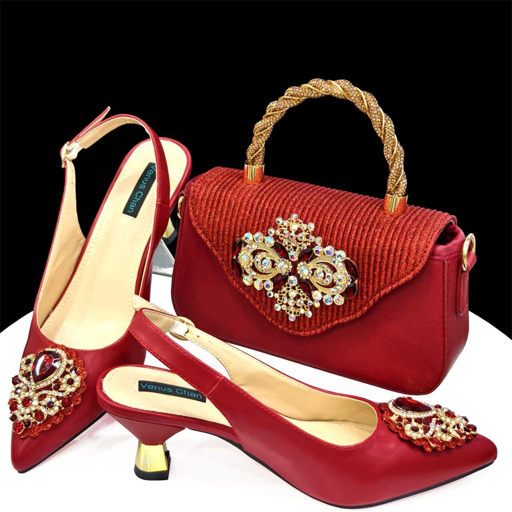 Women's Pink High Heel Frosted Crystal Shiny Rhinestone Party Pointed Shoes And Bag