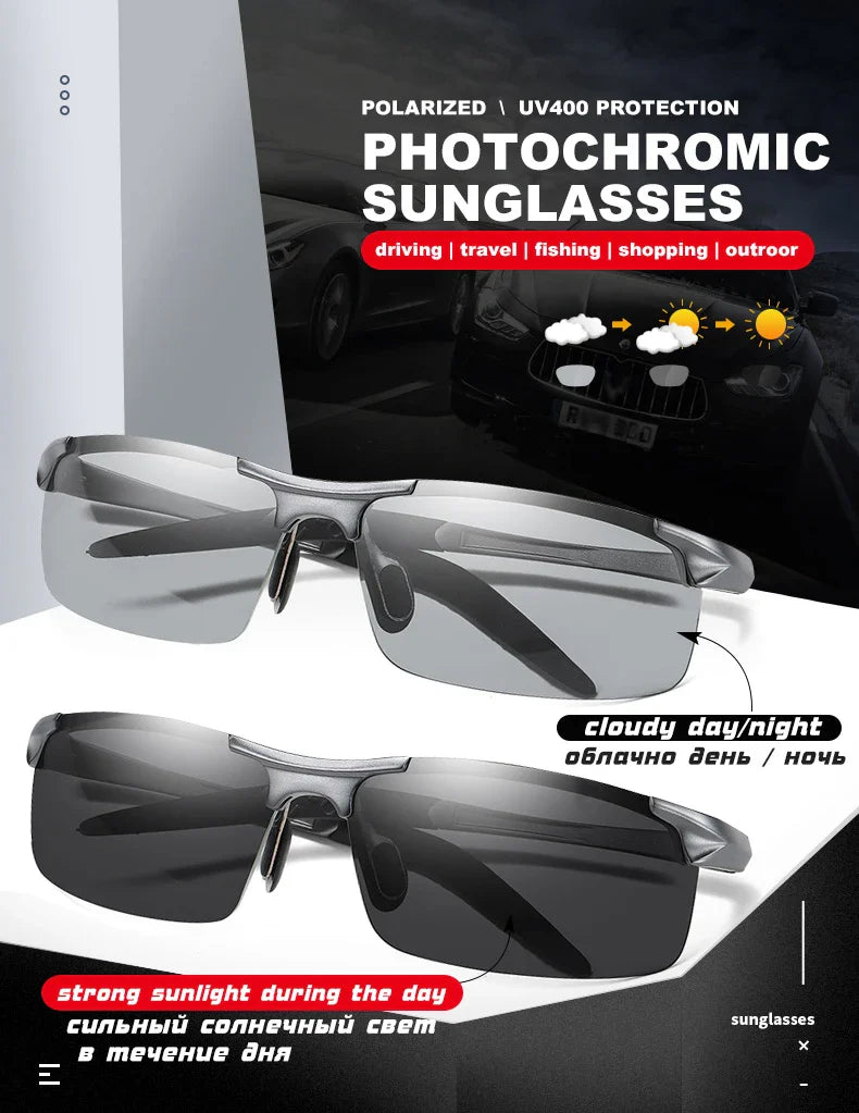 CLLOIO Aluminum Photochromic Sunglasses Men Polarized Day Night Driving Chameleon Glasses Anti-Glare Change Color Sun Glasses UV